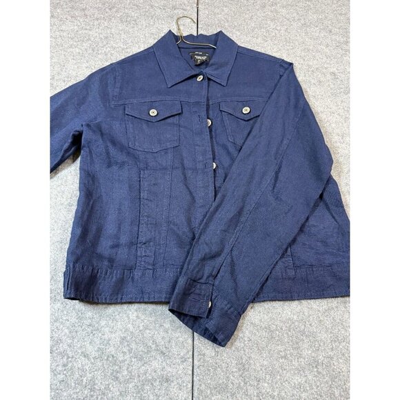 Jones New York Trucker Jacket Women's Large Blue Linen Long Sleeve Button Front - Picture 1 of 8